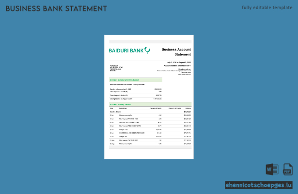 Beispiel eines Kontoauszugs des Geschäftskontos der Baiduri Bank (Word- und PDF-Datei)